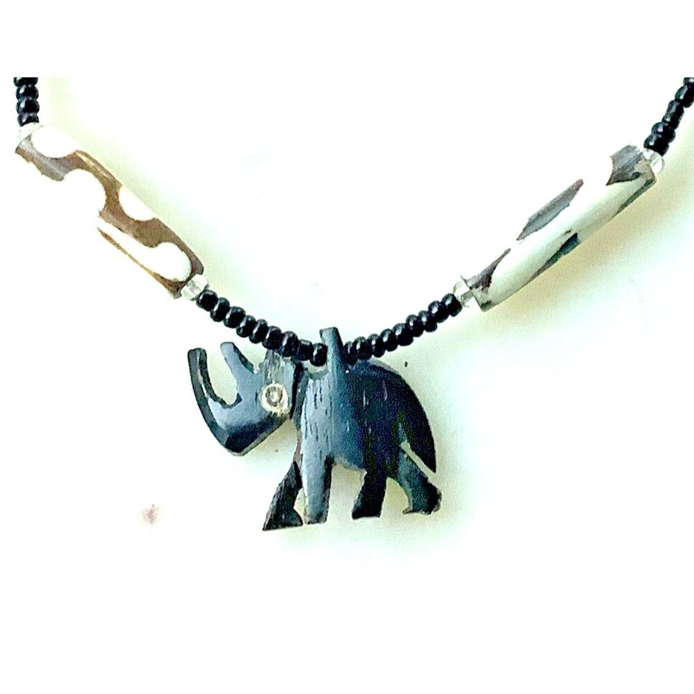 Black Rhinocerous Necklace Wood Beaded Large White Animal Print Black Beads Boho
